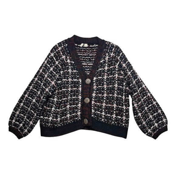 Anthropologie Moth Sweater Cardigan Women's Large Black Red Check Drop Shoulders - Picture 1 of 14